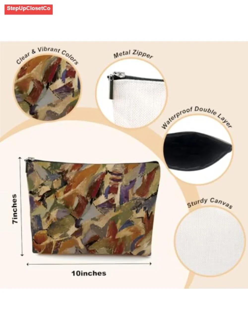 Canvas Makeup Bag with Waterproof Lining, Large Capacity Cosmetic Pouch for